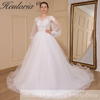 HEULORIA elegant A line long sleeve Court Train Tulle Lace Wedding Dress With Sequins Beading AL-724