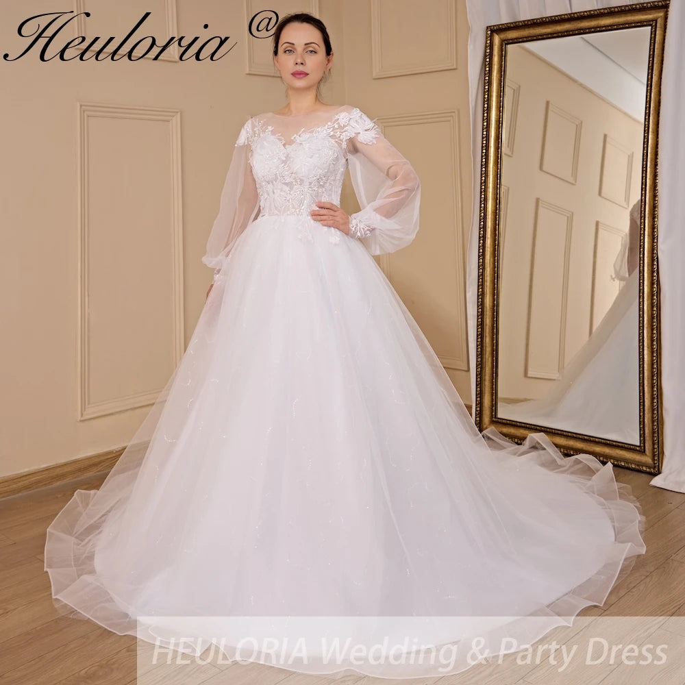 HEULORIA elegant A line long sleeve Court Train Tulle Lace Wedding Dress With Sequins Beading AL-724