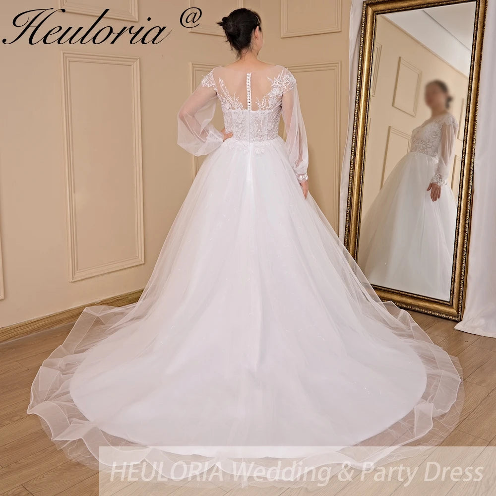 HEULORIA elegant A line long sleeve Court Train Tulle Lace Wedding Dress With Sequins Beading AL-724