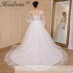 HEULORIA elegant A line long sleeve Court Train Tulle Lace Wedding Dress With Sequins Beading AL-724