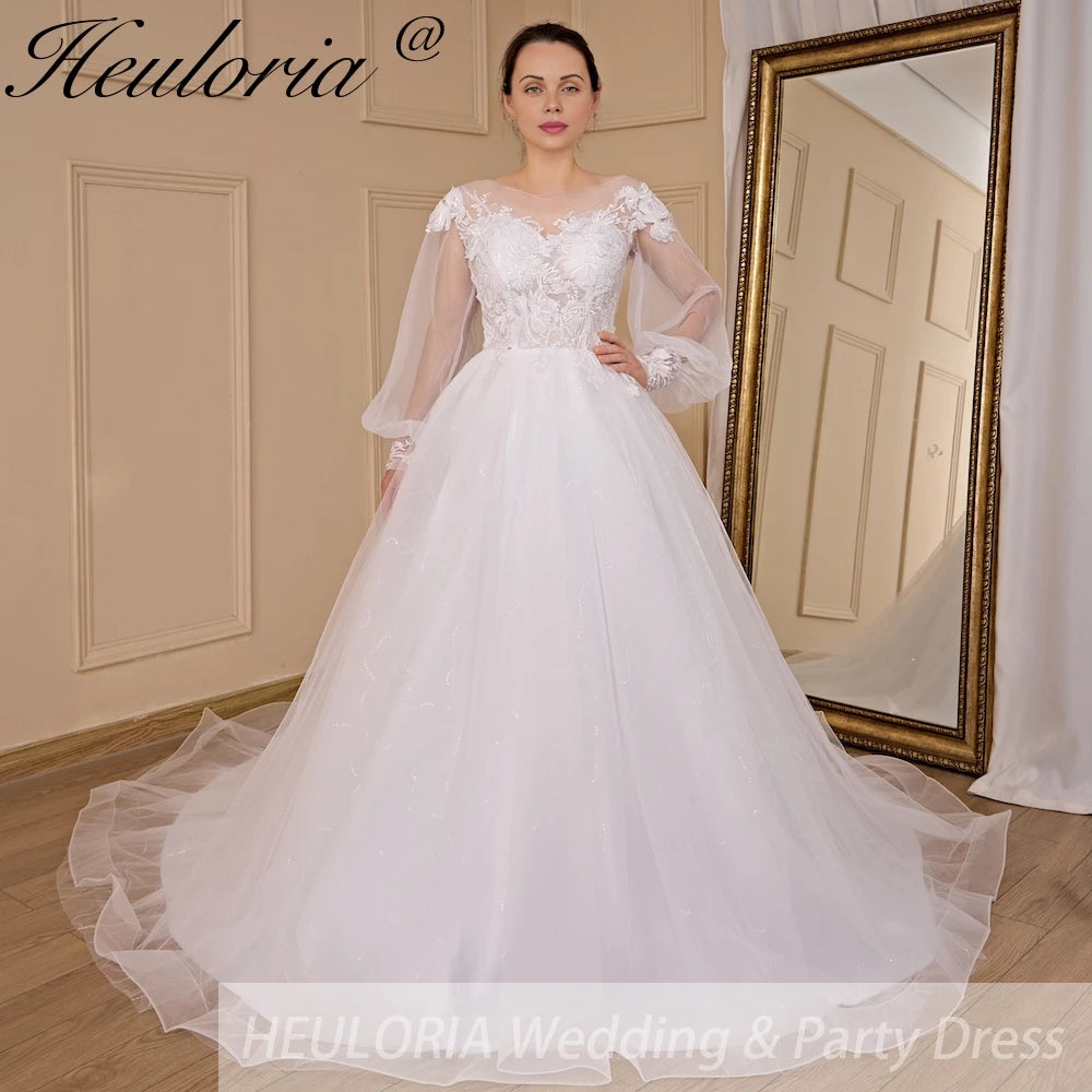 HEULORIA elegant A line long sleeve Court Train Tulle Lace Wedding Dress With Sequins Beading AL-724