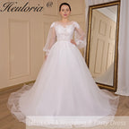HEULORIA elegant A line long sleeve Court Train Tulle Lace Wedding Dress With Sequins Beading AL-724