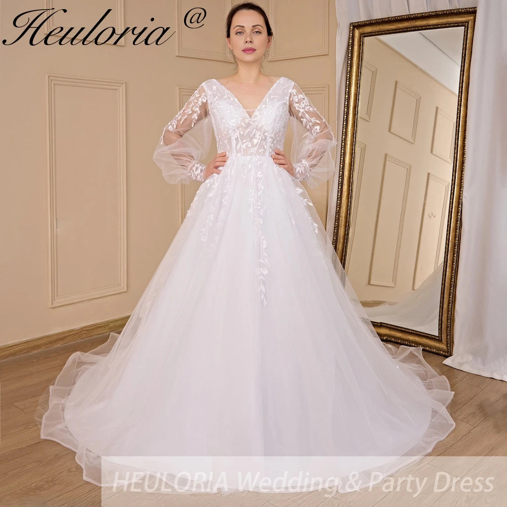 HEULORIA A-line V-Neck long sleeve Court Train Lace Wedding Dress With Sequins AL-578A