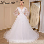 HEULORIA A-line V-Neck long sleeve Court Train Lace Wedding Dress With Sequins AL-578A