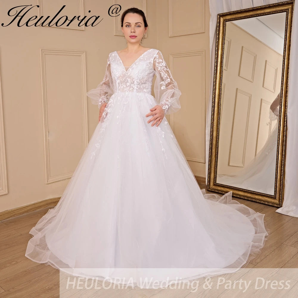 HEULORIA A-line V-Neck long sleeve Court Train Lace Wedding Dress With Sequins AL-578A