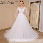 HEULORIA A-line V-Neck long sleeve Court Train Lace Wedding Dress With Sequins AL-578A