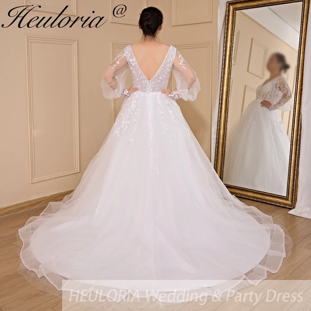 HEULORIA A-line V-Neck long sleeve Court Train Lace Wedding Dress With Sequins AL-578A