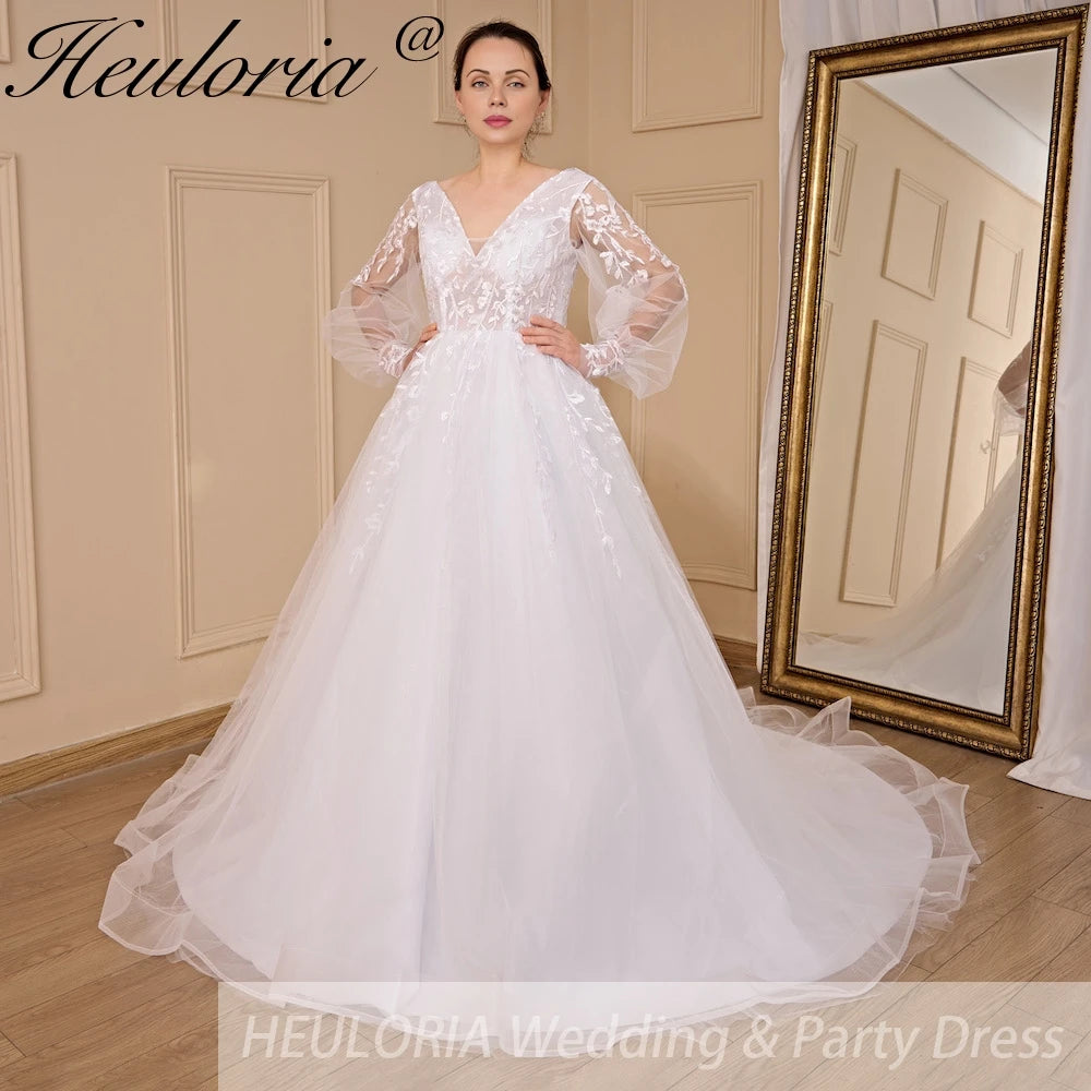 HEULORIA A-line V-Neck long sleeve Court Train Lace Wedding Dress With Sequins AL-578A