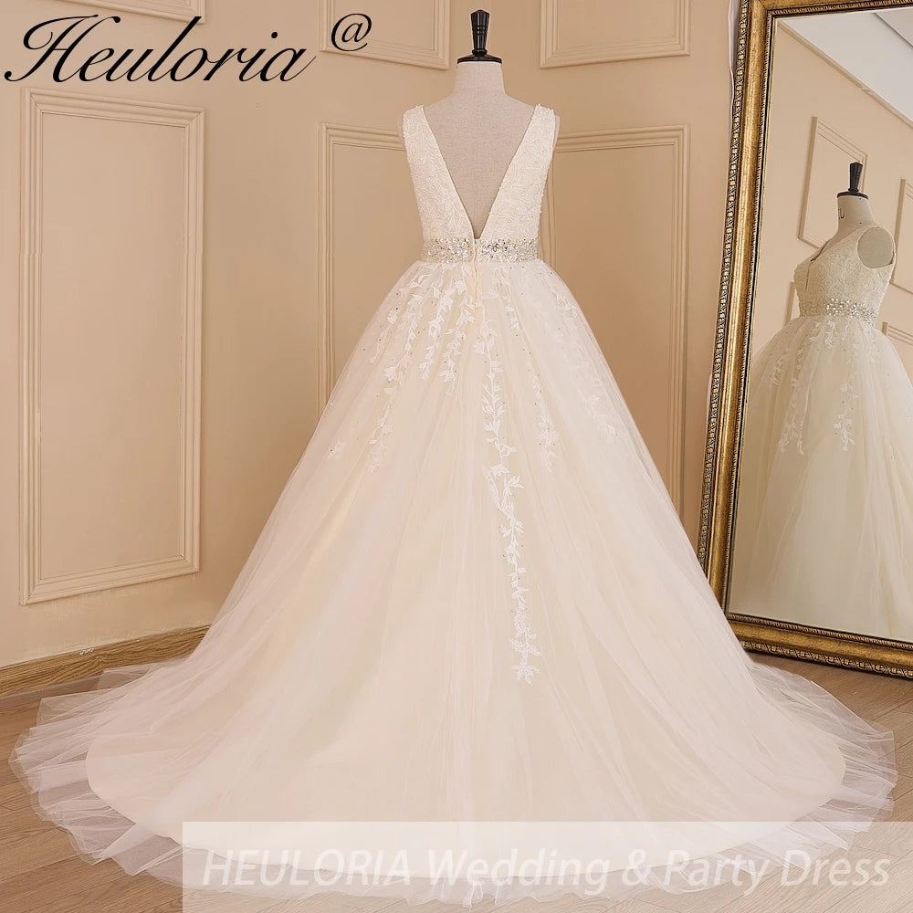 HEULORIA A-line V-Neck Sweep Train Lace Tulle Wedding Dress With Sequins Beading AL-611