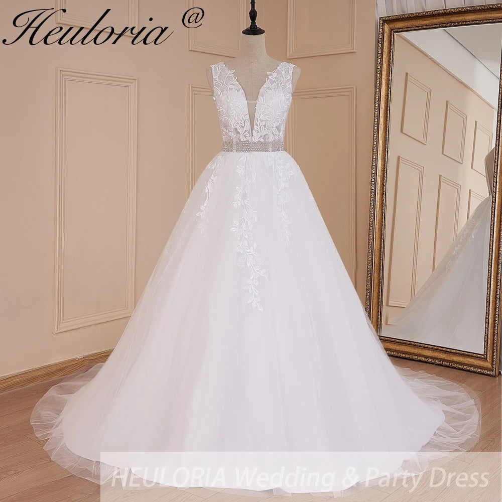 HEULORIA A-line V-Neck Sweep Train Lace Tulle Wedding Dress With Sequins Beading AL-580