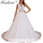 HEULORIA A-line V-Neck Sweep Train Lace Tulle Wedding Dress With Sequins Beading AL-580A