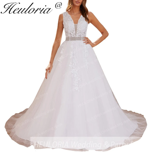 HEULORIA A-line V-Neck Sweep Train Lace Tulle Wedding Dress With Sequins Beading