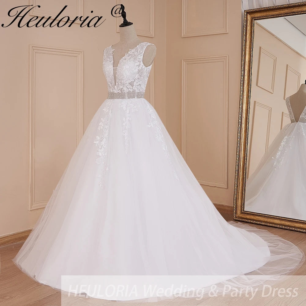 HEULORIA A-line V-Neck Sweep Train Lace Tulle Wedding Dress With Sequins Beading AL-580A
