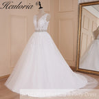 HEULORIA A-line V-Neck Sweep Train Lace Tulle Wedding Dress With Sequins Beading AL-580A