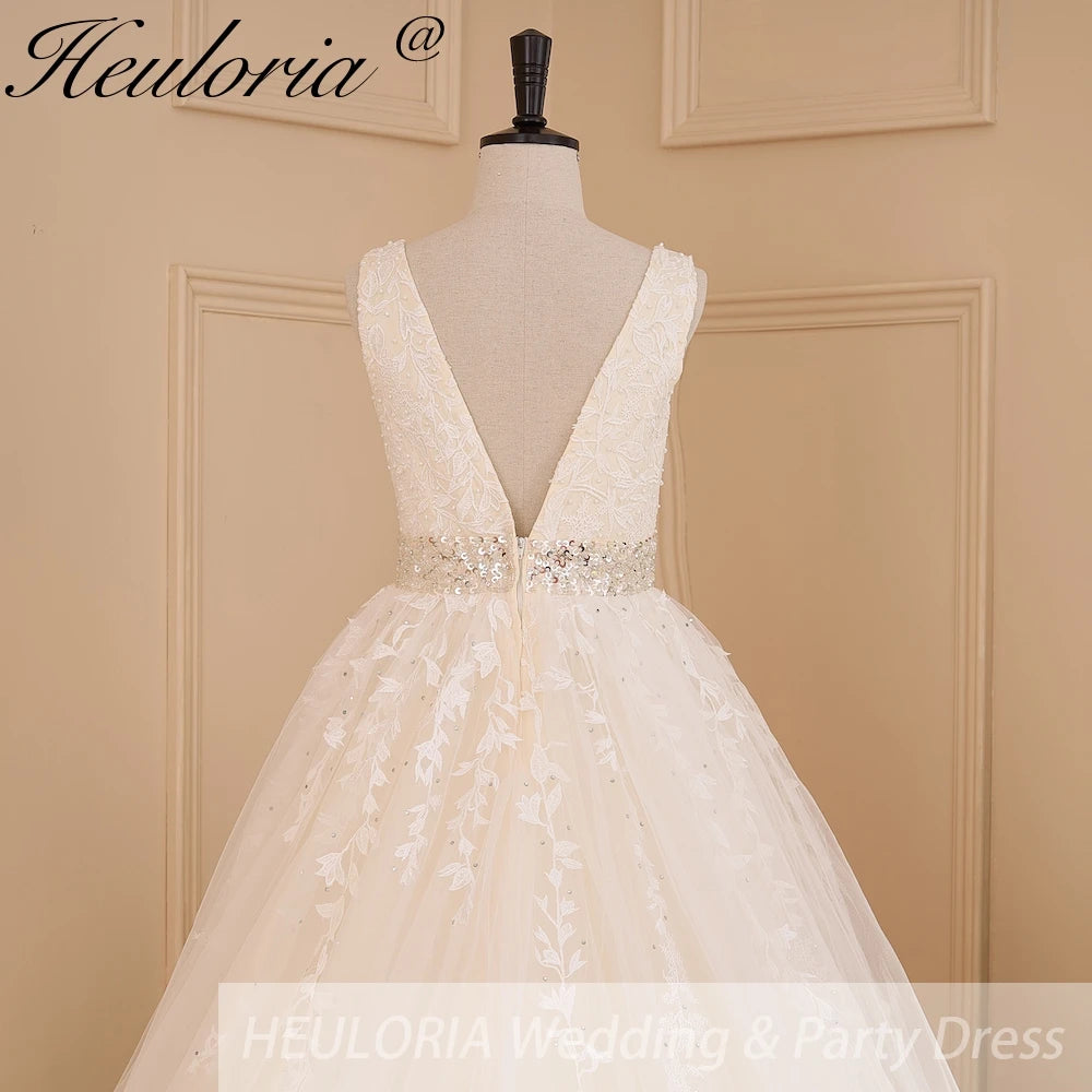 HEULORIA A-line V-Neck Sweep Train Lace Tulle Wedding Dress With Sequins Beading AL-611