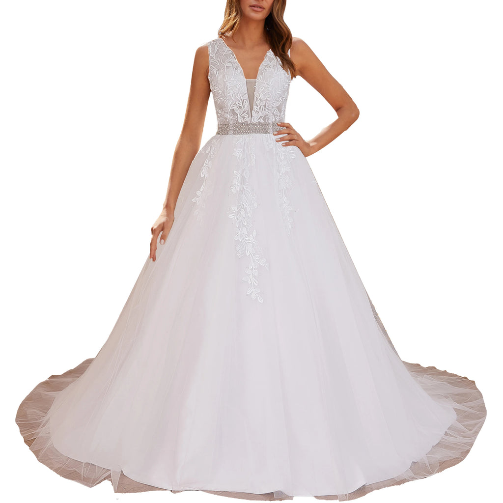 HEULORIA A-line V-Neck Sweep Train Lace Tulle Wedding Dress With Sequins Beading AL-580A