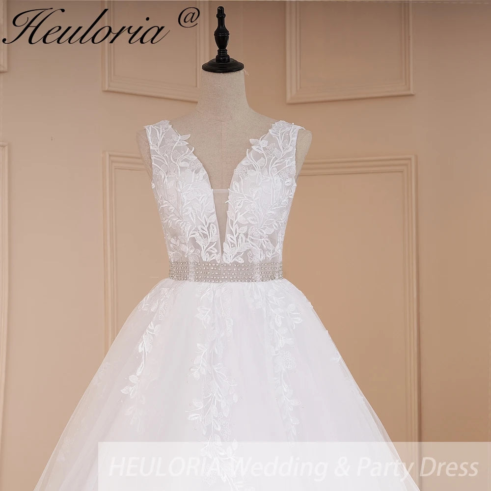HEULORIA A-line V-Neck Sweep Train Lace Tulle Wedding Dress With Sequins Beading AL-580A