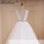HEULORIA A-line V-Neck Sweep Train Lace Tulle Wedding Dress With Sequins Beading AL-580