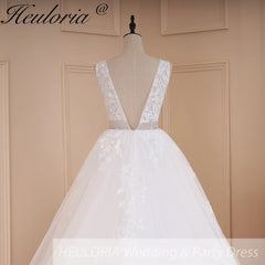 HEULORIA A-line V-Neck Sweep Train Lace Tulle Wedding Dress With Sequins Beading AL-580