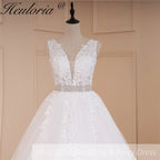 HEULORIA A-line V-Neck Sweep Train Lace Tulle Wedding Dress With Sequins Beading AL-580
