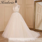 HEULORIA A-line V-Neck Sweep Train Lace Tulle Wedding Dress With Sequins Beading AL-611