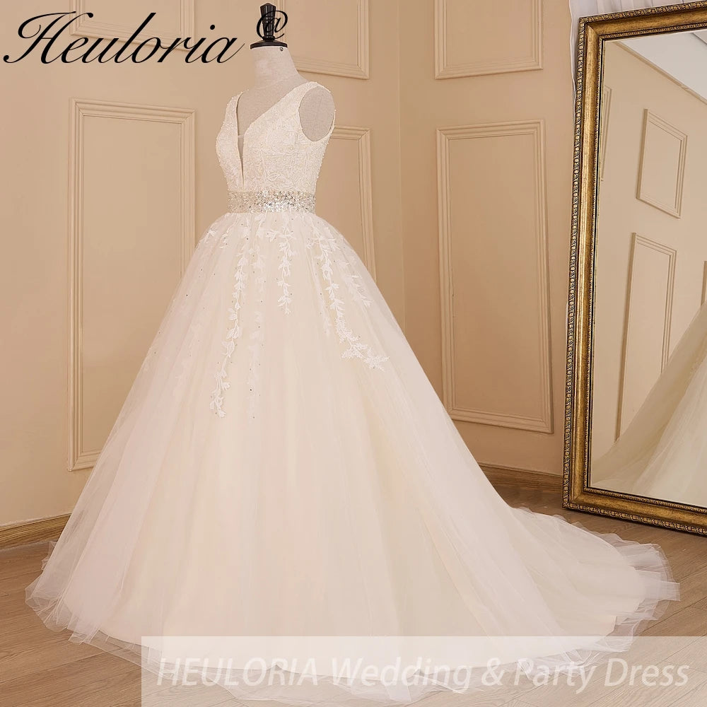 HEULORIA A-line V-Neck Sweep Train Lace Tulle Wedding Dress With Sequins Beading AL-611