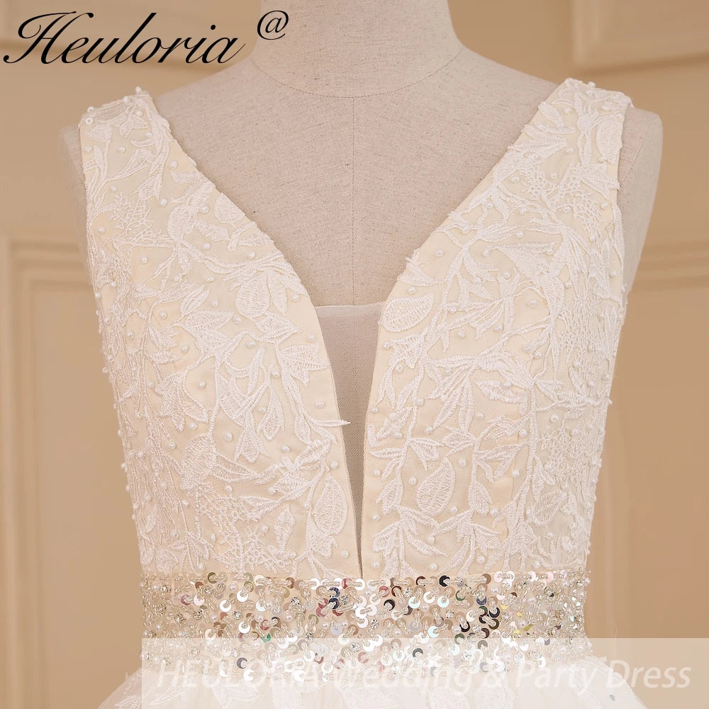 HEULORIA A-line V-Neck Sweep Train Lace Tulle Wedding Dress With Sequins Beading AL-611