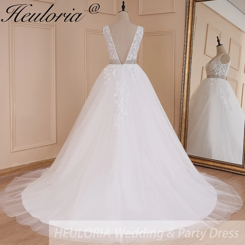 HEULORIA A-line V-Neck Sweep Train Lace Tulle Wedding Dress With Sequins Beading AL-580