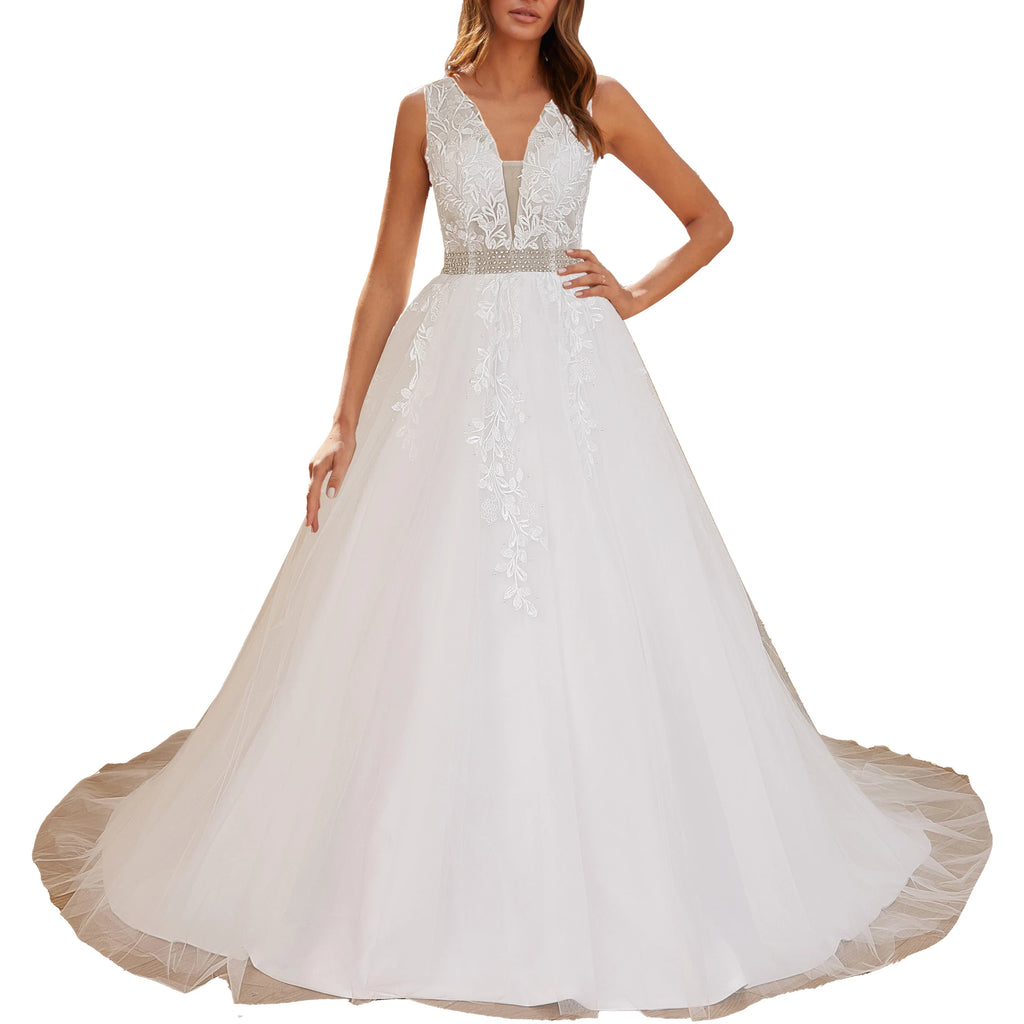 HEULORIA A-line V-Neck Sweep Train Lace Tulle Wedding Dress With Sequins Beading AL-580A