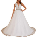 HEULORIA A-line V-Neck Sweep Train Lace Tulle Wedding Dress With Sequins Beading AL-580A