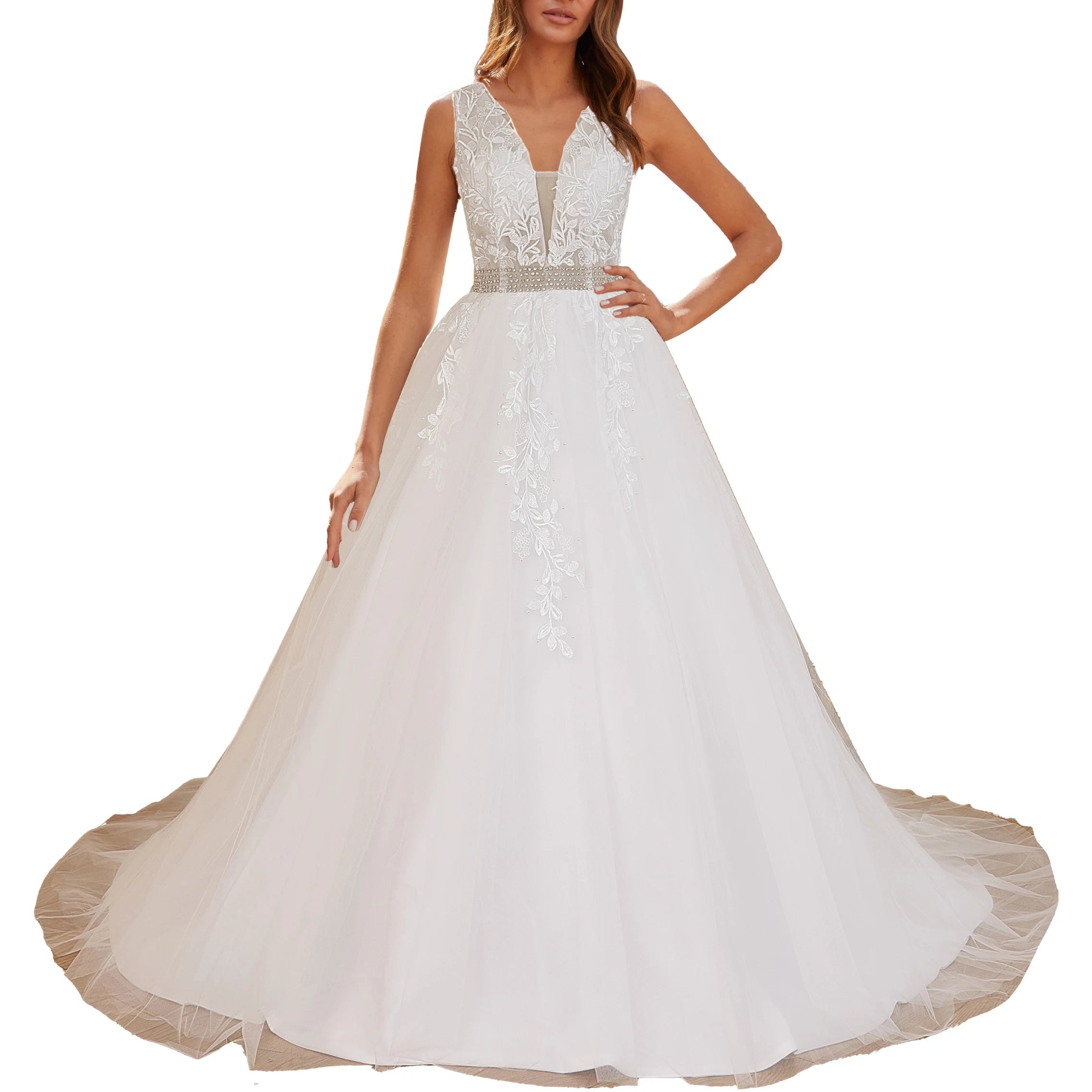 HEULORIA A-line V-Neck Sweep Train Lace Tulle Wedding Dress With Sequins Beading AL-580A