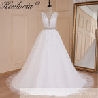 HEULORIA A-line V-Neck Sweep Train Lace Tulle Wedding Dress With Sequins Beading AL-580A