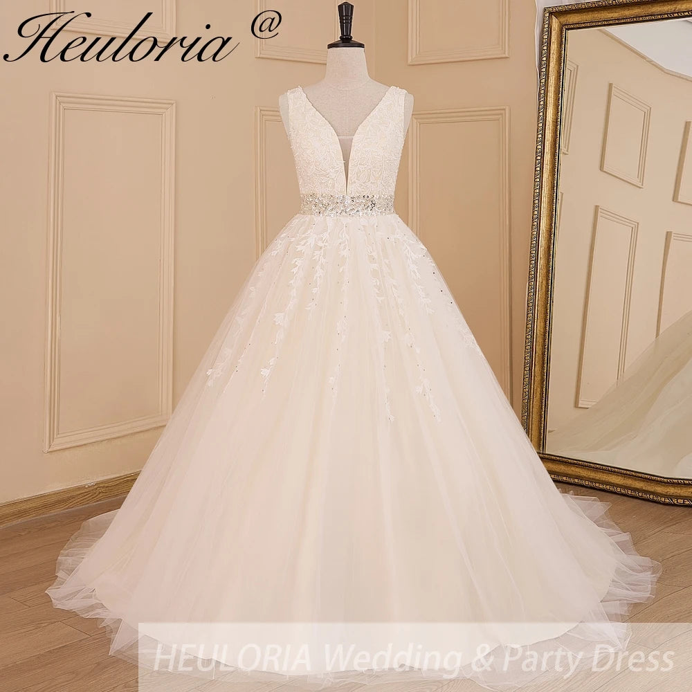 HEULORIA A-line V-Neck Sweep Train Lace Tulle Wedding Dress With Sequins Beading AL-611