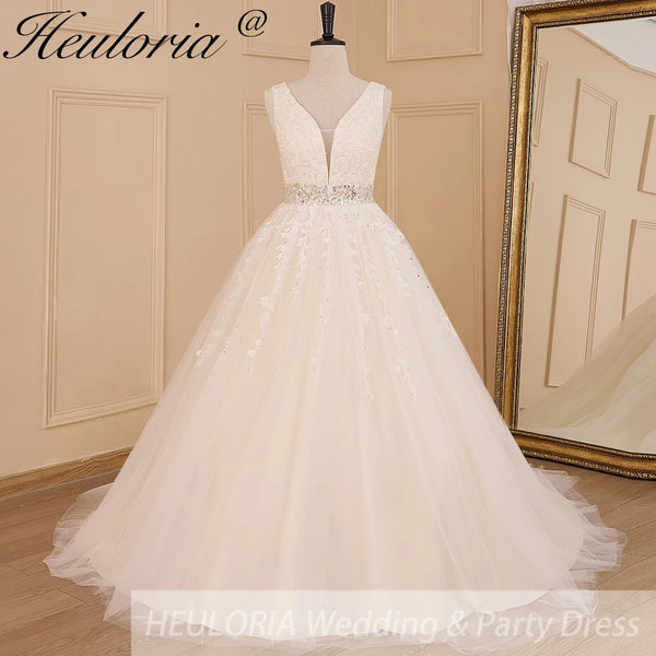 HEULORIA A-line V-Neck Sweep Train Lace Tulle Wedding Dress With Sequins Beading