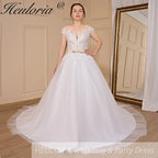 HEULORIA A-line Scoop Illusion Court Train Lace Tulle Wedding Dress With Sequins AL-714