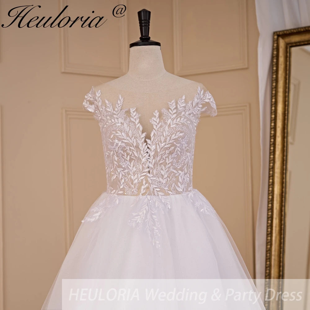 HEULORIA A-line Scoop Illusion Court Train Lace Tulle Wedding Dress With Sequins AL-714A