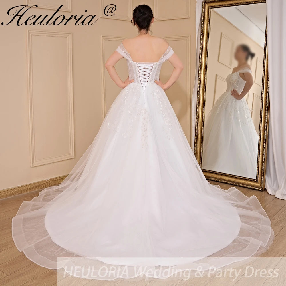 HEULORIA A-line Off the Shoulder Court Train Tulle Lace Wedding Dress With Sequins AL-722