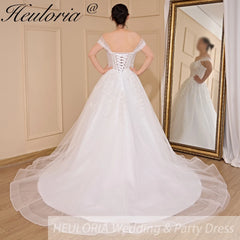 HEULORIA A-line Off the Shoulder Court Train Tulle Lace Wedding Dress With Sequins