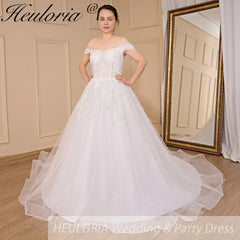 HEULORIA A-line Off the Shoulder Court Train Tulle Lace Wedding Dress With Sequins