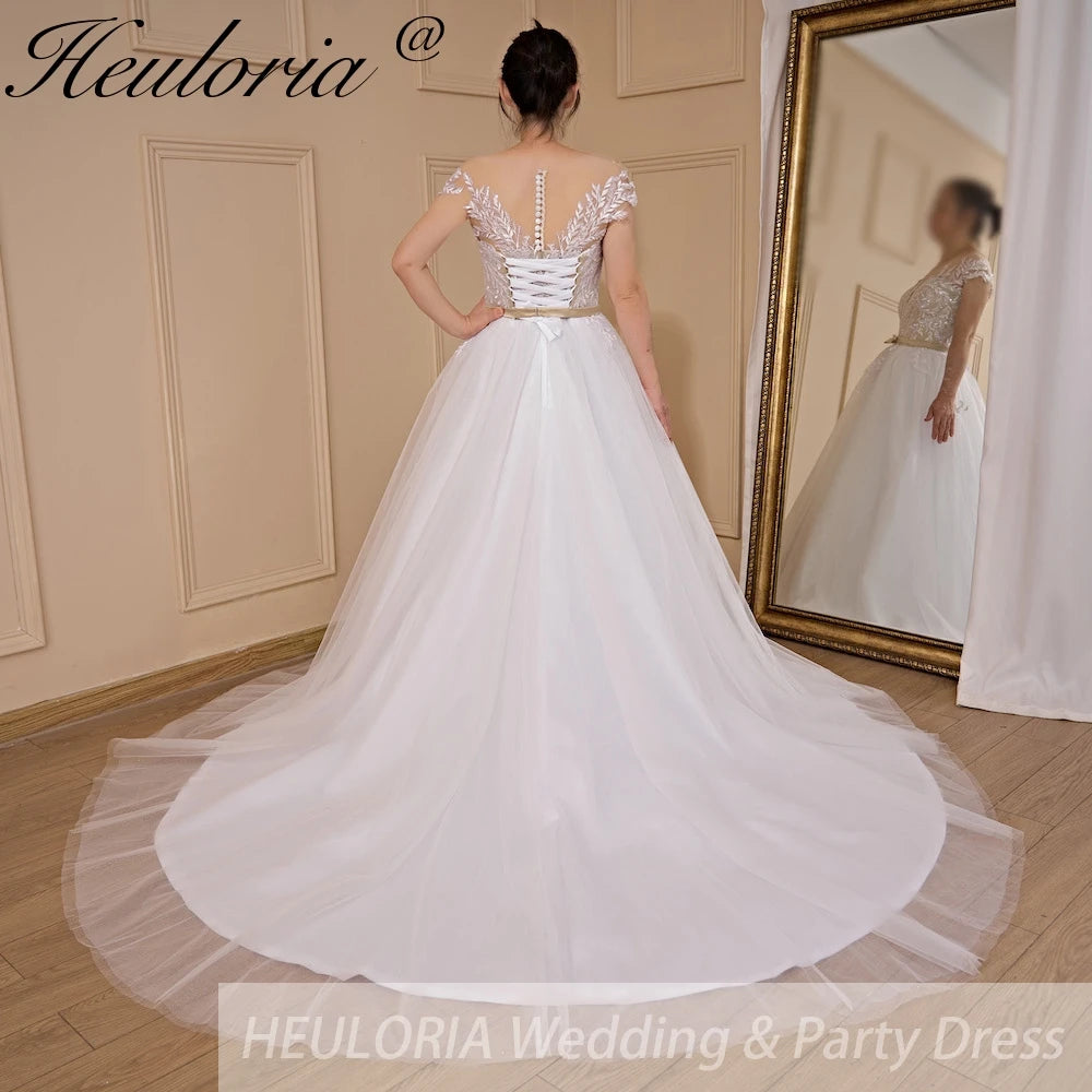 HEULORIA A-line Scoop Illusion Court Train Lace Tulle Wedding Dress With Sequins AL-714