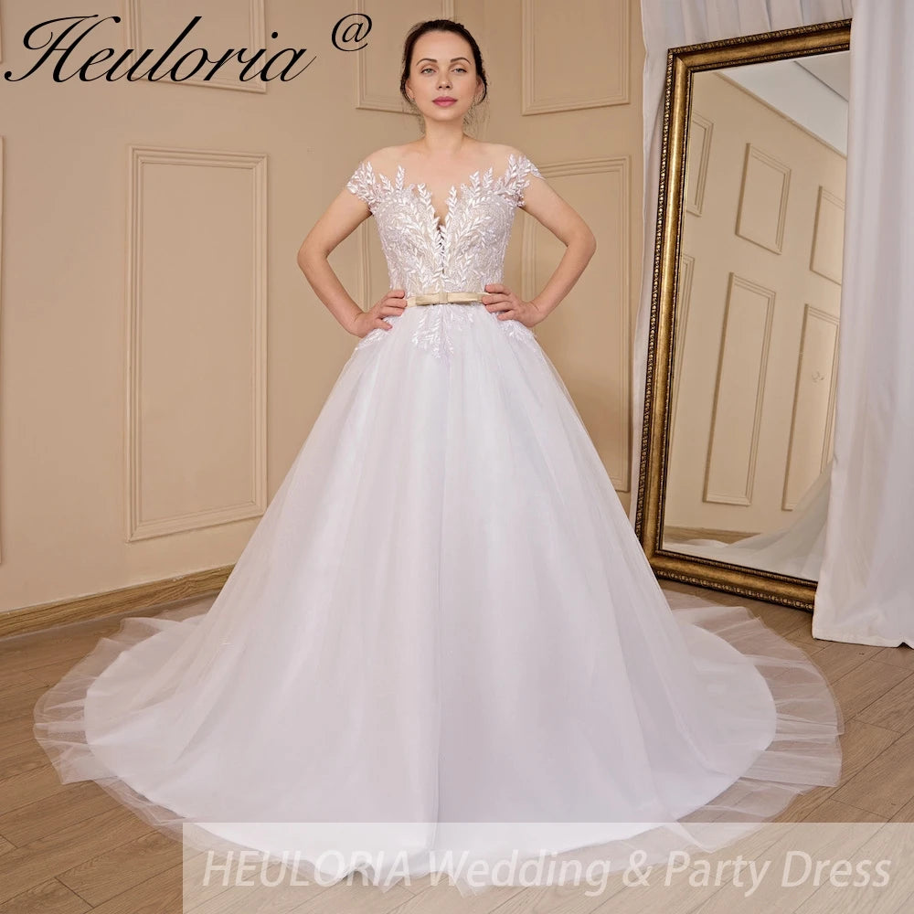 HEULORIA A-line Scoop Illusion Court Train Lace Tulle Wedding Dress With Sequins AL-714