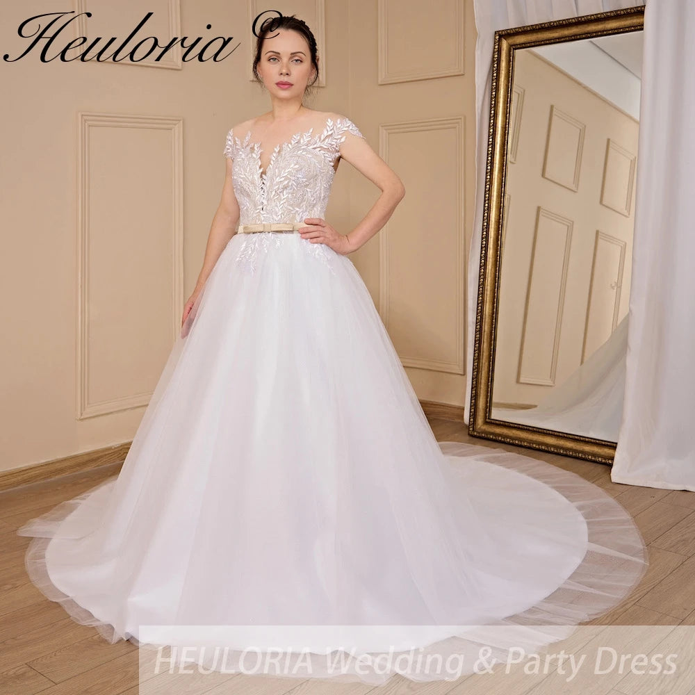HEULORIA A-line Scoop Illusion Court Train Lace Tulle Wedding Dress With Sequins AL-714