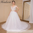 HEULORIA A-line Scoop Illusion Court Train Lace Tulle Wedding Dress With Sequins AL-714