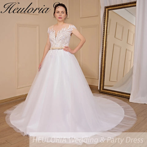 HEULORIA A-line Scoop Illusion Court Train Lace Tulle Wedding Dress With Sequins