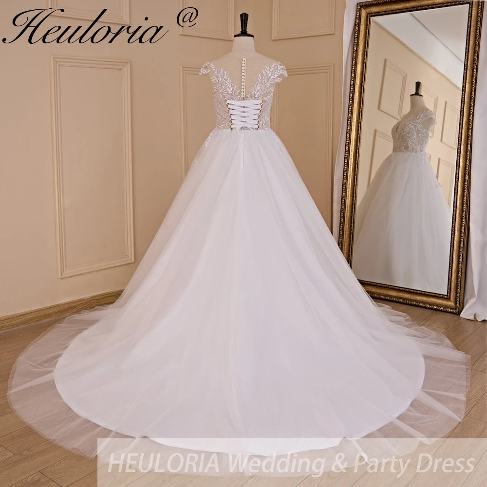 HEULORIA A-line Scoop Illusion Court Train Lace Tulle Wedding Dress With Sequins AL-714A