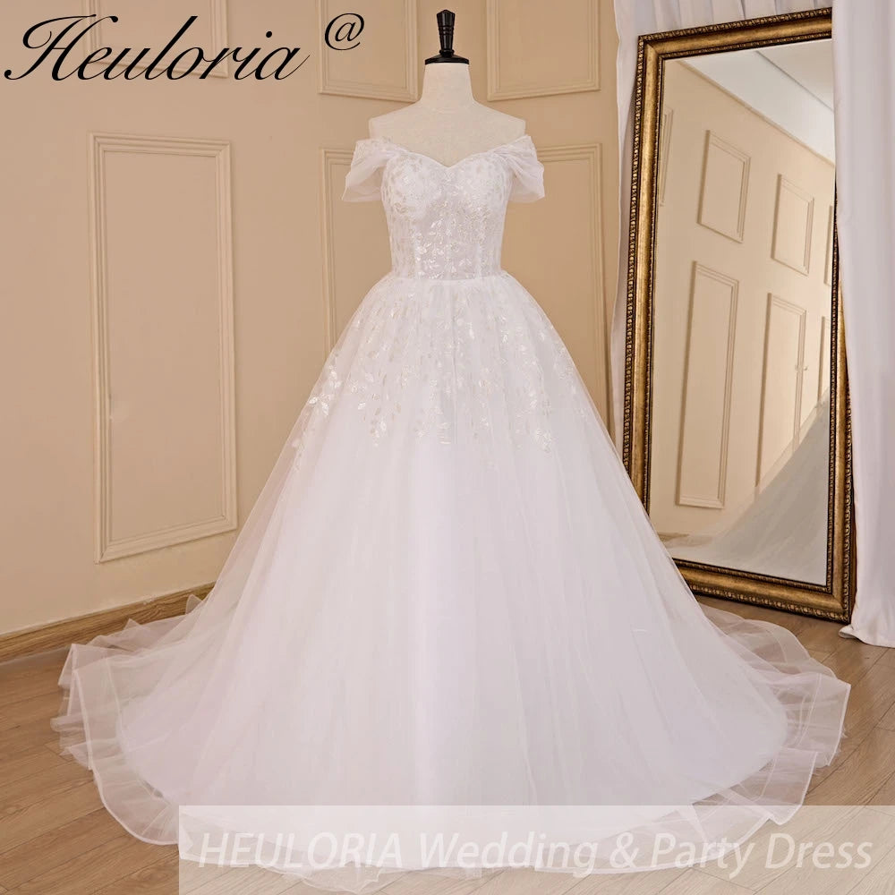 HEULORIA A-line Off the Shoulder Court Train Tulle Lace Wedding Dress With Sequins AL-722A Main image