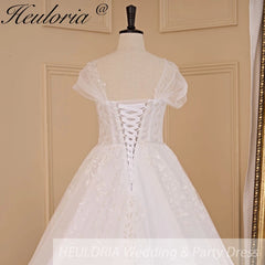 HEULORIA A-line Off the Shoulder Court Train Tulle Lace Wedding Dress With Sequins