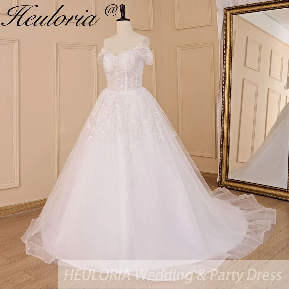 HEULORIA A-line Off the Shoulder Court Train Tulle Lace Wedding Dress With Sequins AL-722A