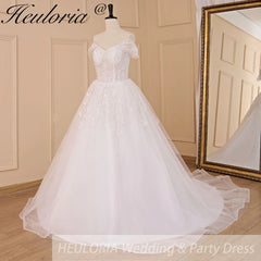 HEULORIA A-line Off the Shoulder Court Train Tulle Lace Wedding Dress With Sequins