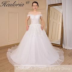 HEULORIA A-line Off the Shoulder Court Train Tulle Lace Wedding Dress With Sequins